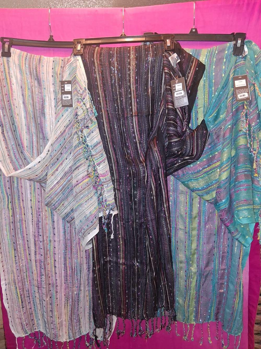 Striped Metallic Accent Scarf Wrap - Black, Turquoise, Ivory